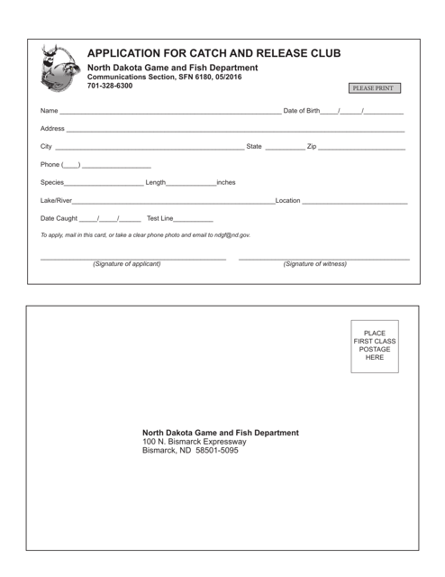 Form SFN6180 Application for Catch and Release Club - North Dakota