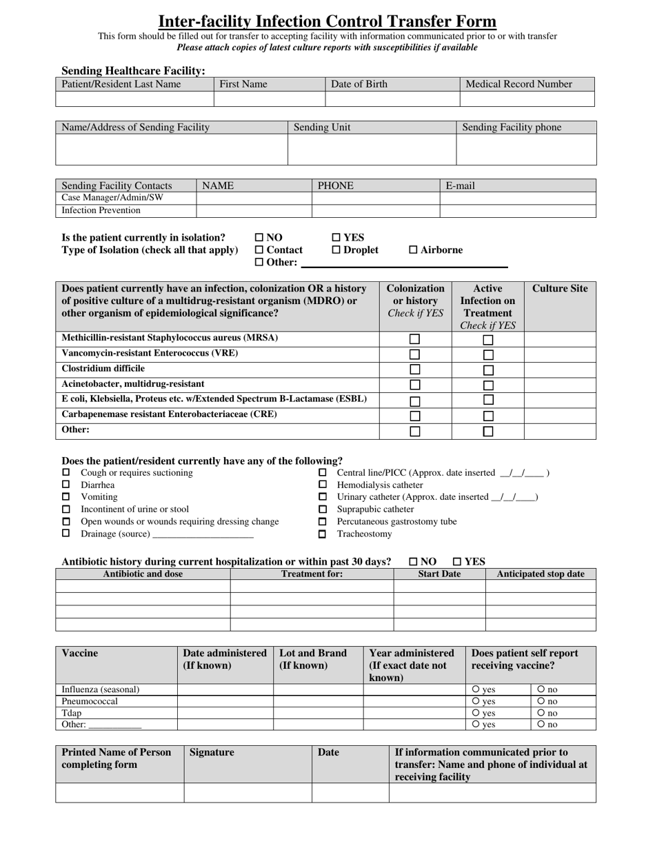 Inter-Facility Infection Control Transfer Form - North Dakota, Page 1