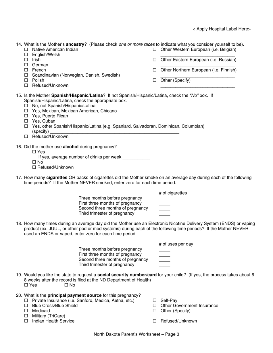 North Dakota Parent's Worksheet for Completing the North Dakota Birth ...