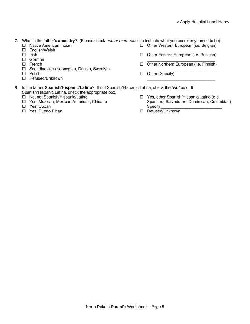 Parents Worksheet for Completing the North Dakota Birth Certificate - North Dakota, Page 5