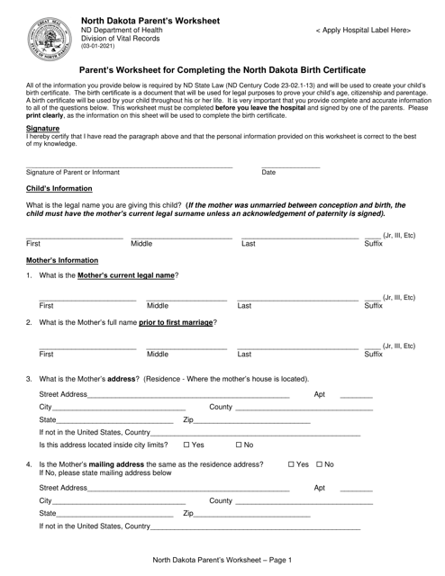 Parent's Worksheet for Completing the North Dakota Birth Certificate - North Dakota Download Pdf