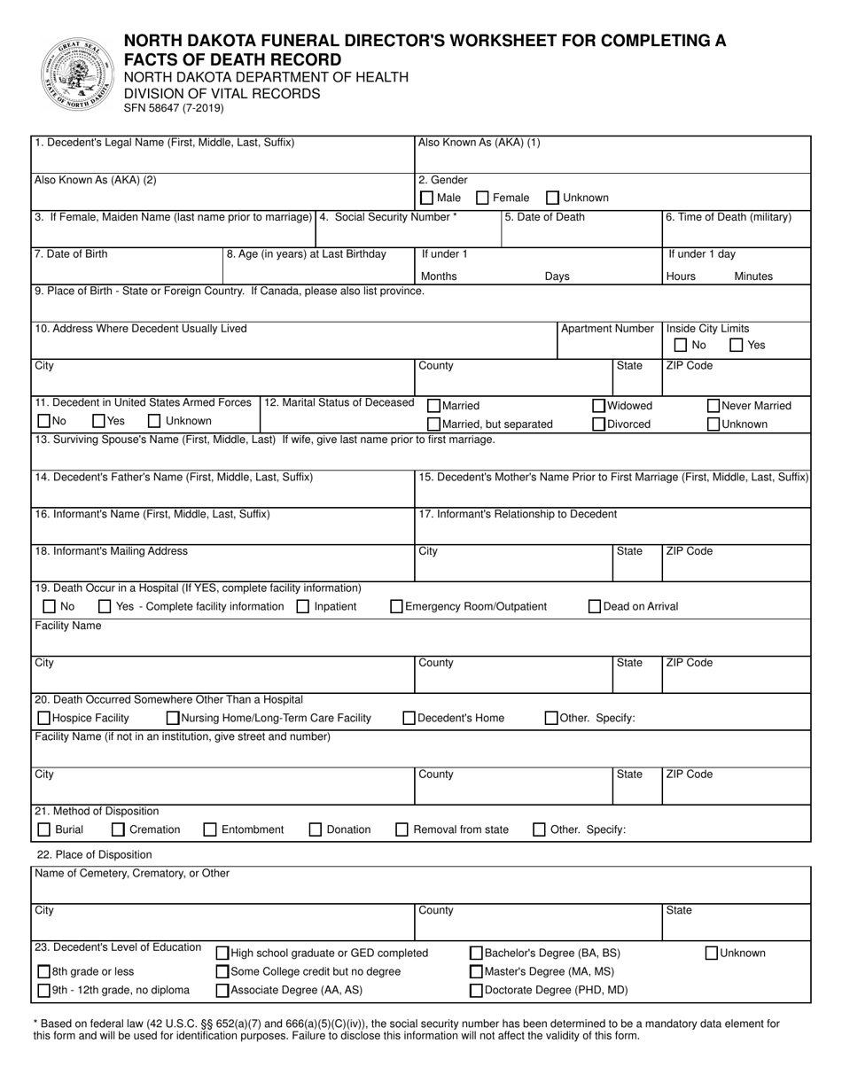 Form SFN58647 North Dakota Funeral Directors Worksheet for Completing a Facts of Death Record - North Dakota, Page 1