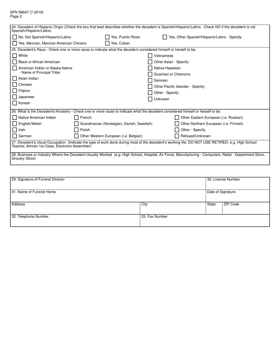 Form SFN58647 North Dakota Funeral Directors Worksheet for Completing a Facts of Death Record - North Dakota, Page 2