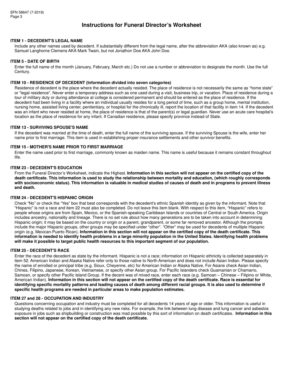Form SFN58647 North Dakota Funeral Directors Worksheet for Completing a Facts of Death Record - North Dakota, Page 3