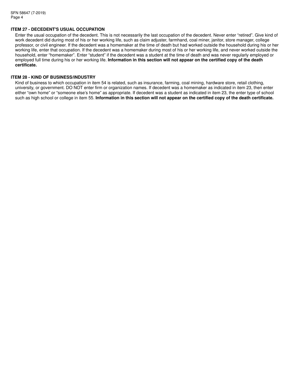 Form SFN58647 North Dakota Funeral Directors Worksheet for Completing a Facts of Death Record - North Dakota, Page 4