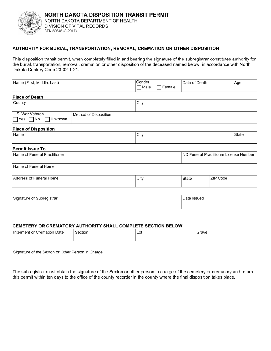 Form SFN58645 North Dakota Disposition Transit Permit - North Dakota, Page 1