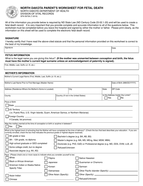 Form SFN58708 North Dakota Parent's Worksheet for Fetal Death - North Dakota