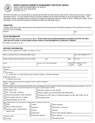 Form SFN58708 North Dakota Parent&#039;s Worksheet for Fetal Death - North Dakota