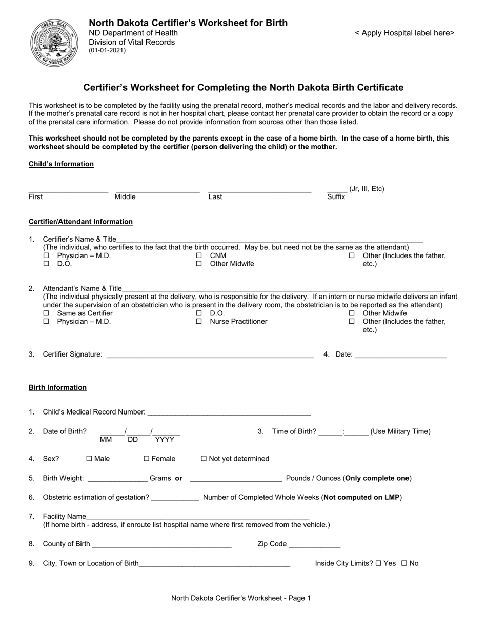Certifiers Worksheet for Completing the North Dakota Birth Certificate - North Dakota, Page 1