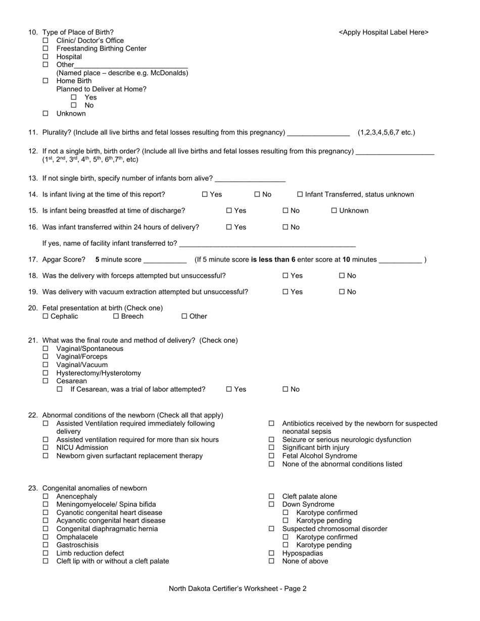 Certifiers Worksheet for Completing the North Dakota Birth Certificate - North Dakota, Page 2