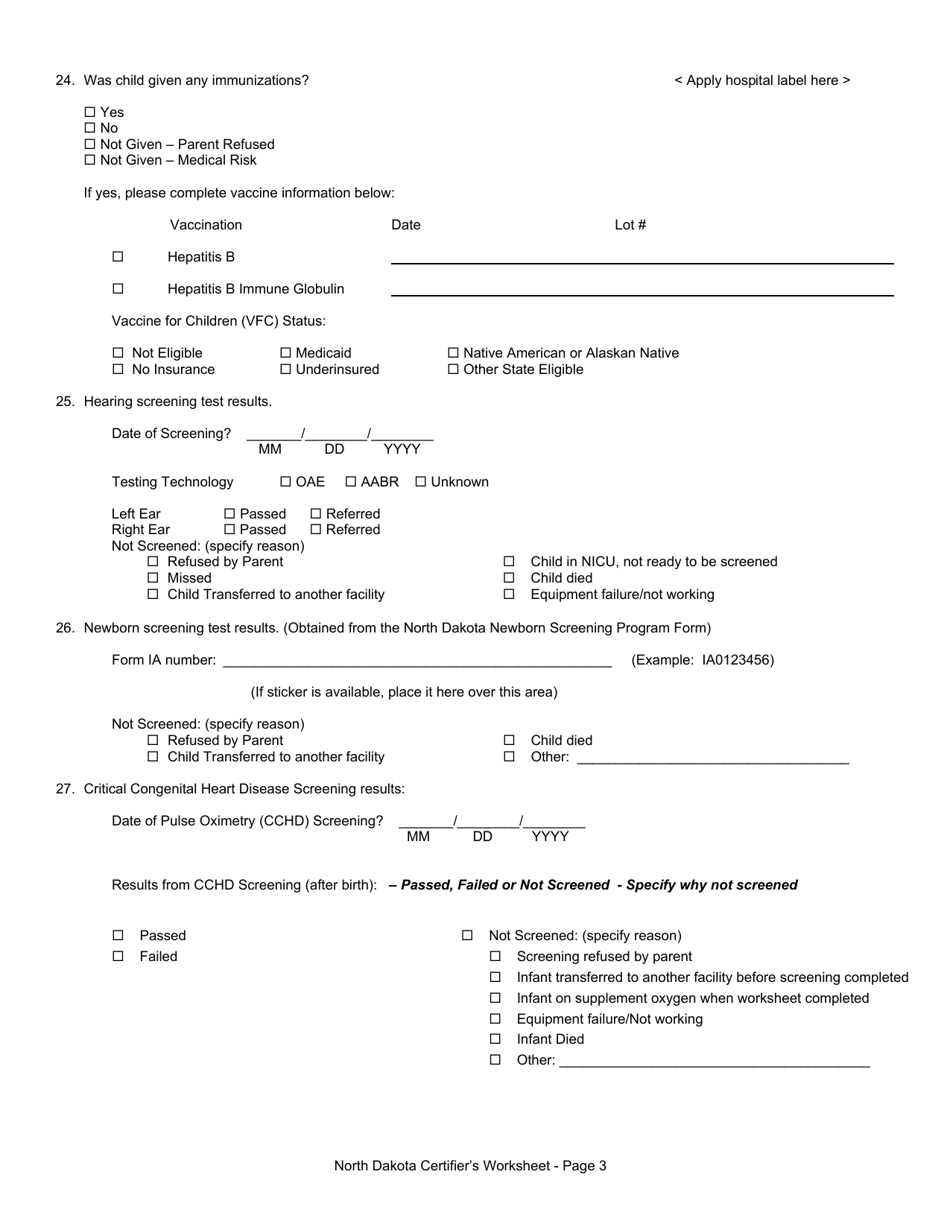 Certifiers Worksheet for Completing the North Dakota Birth Certificate - North Dakota, Page 3