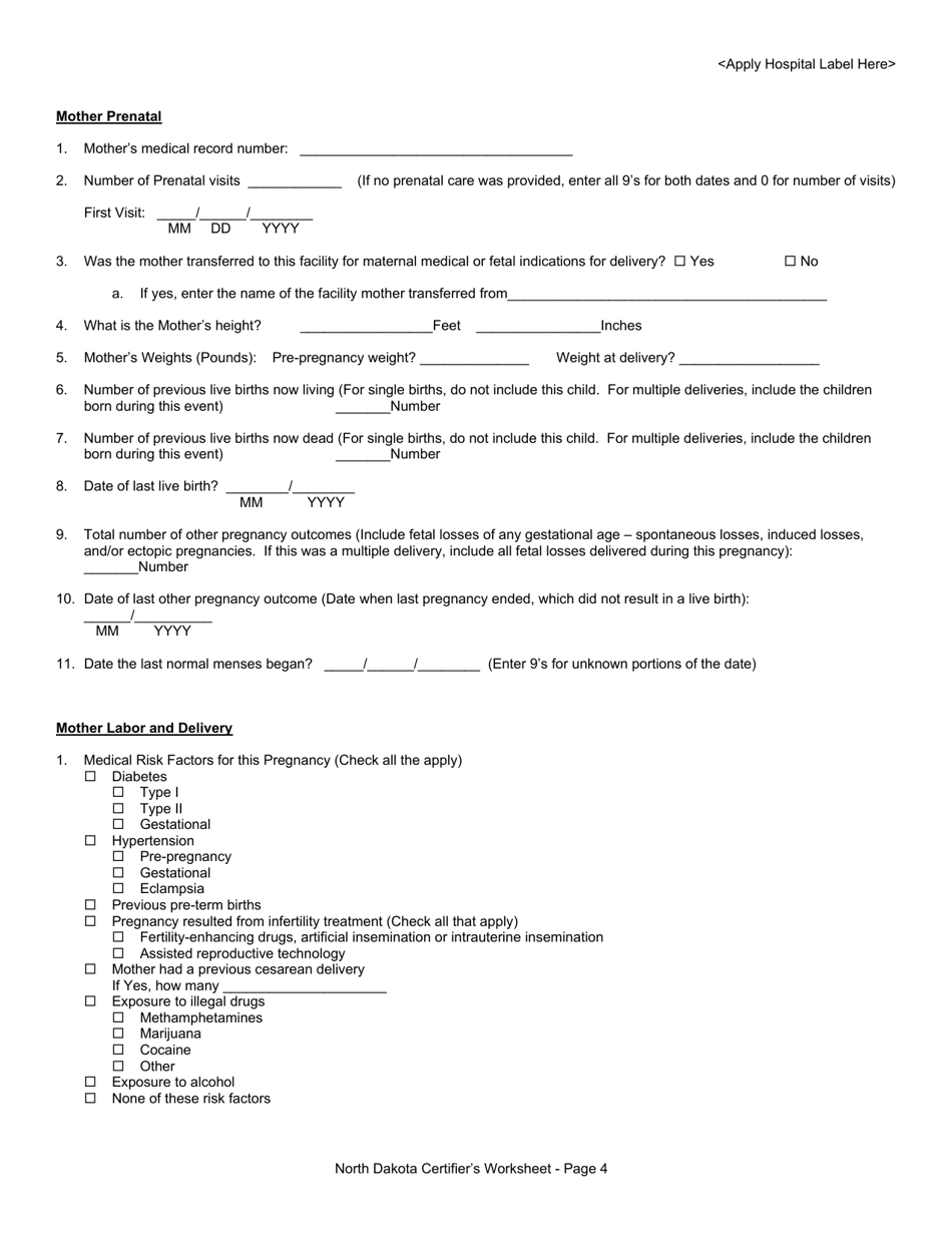Certifiers Worksheet for Completing the North Dakota Birth Certificate - North Dakota, Page 4