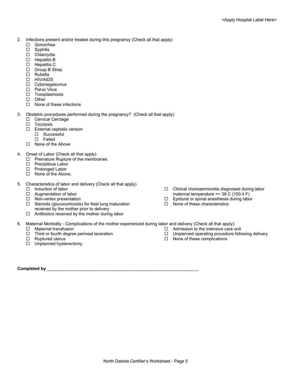Certifiers Worksheet for Completing the North Dakota Birth Certificate - North Dakota, Page 5
