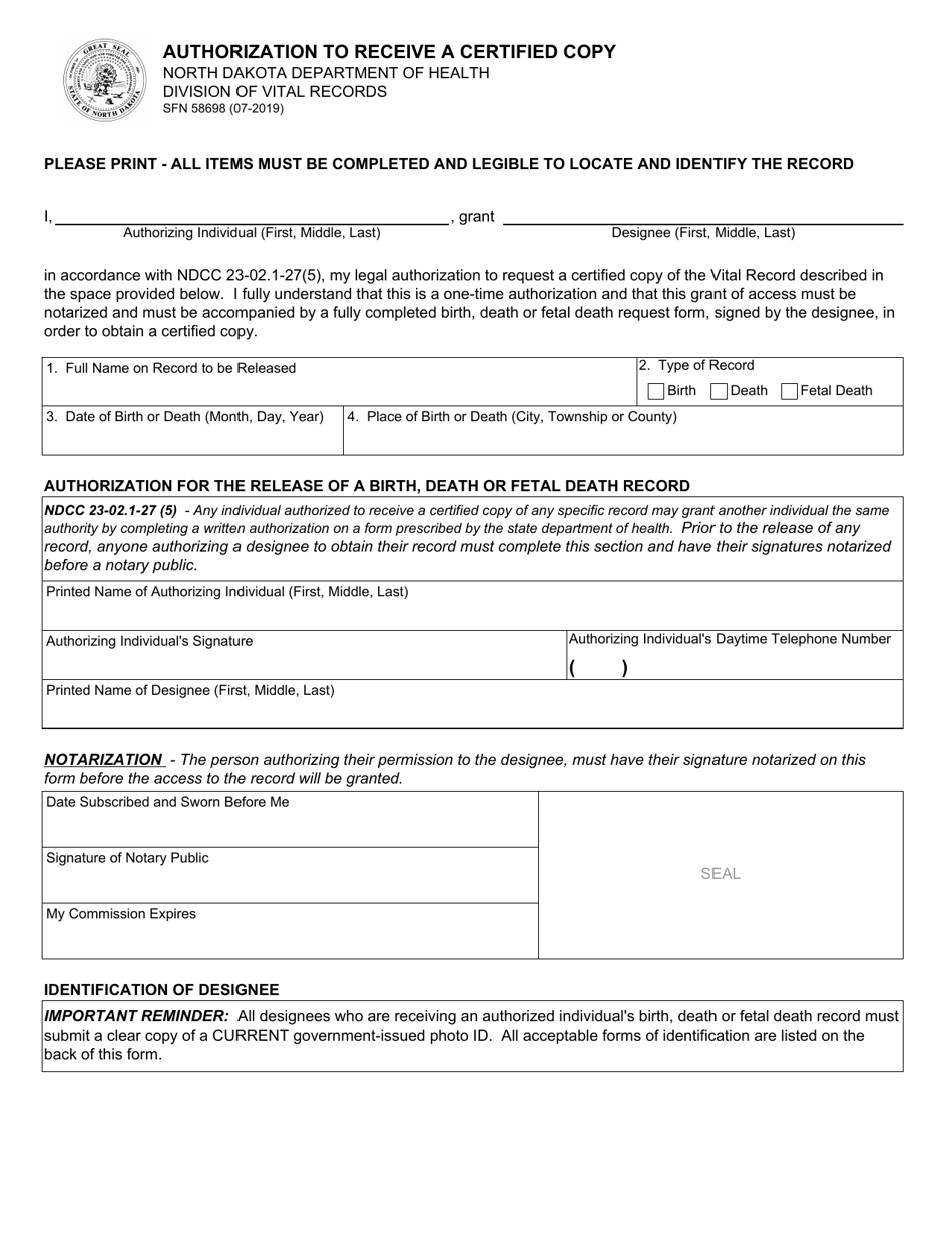 Form SFN58698 Authorization to Receive a Certified Copy - North Dakota, Page 1