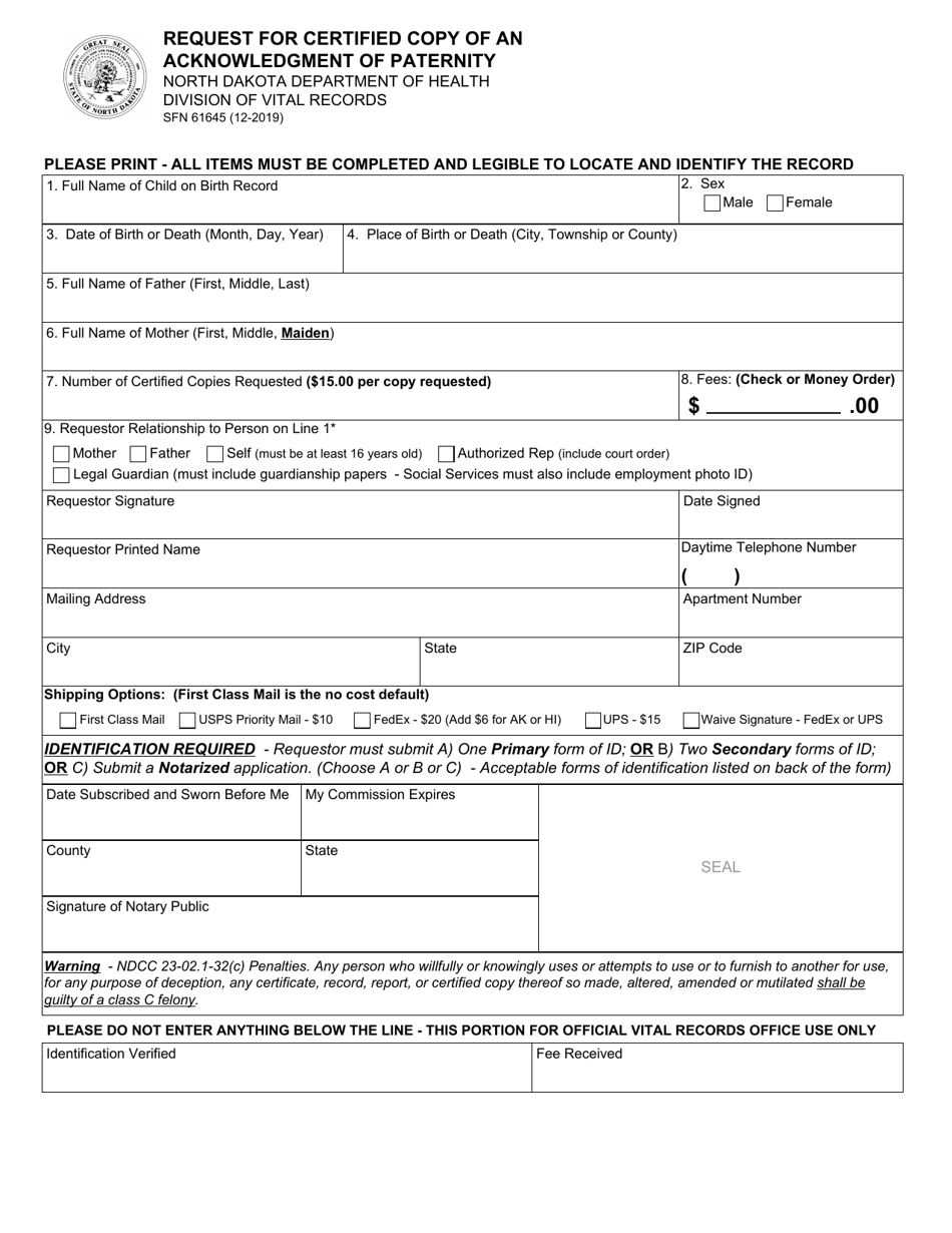 Form SFN61645 Request for Certified Copy of an Acknowledgment of Paternity - North Dakota, Page 1