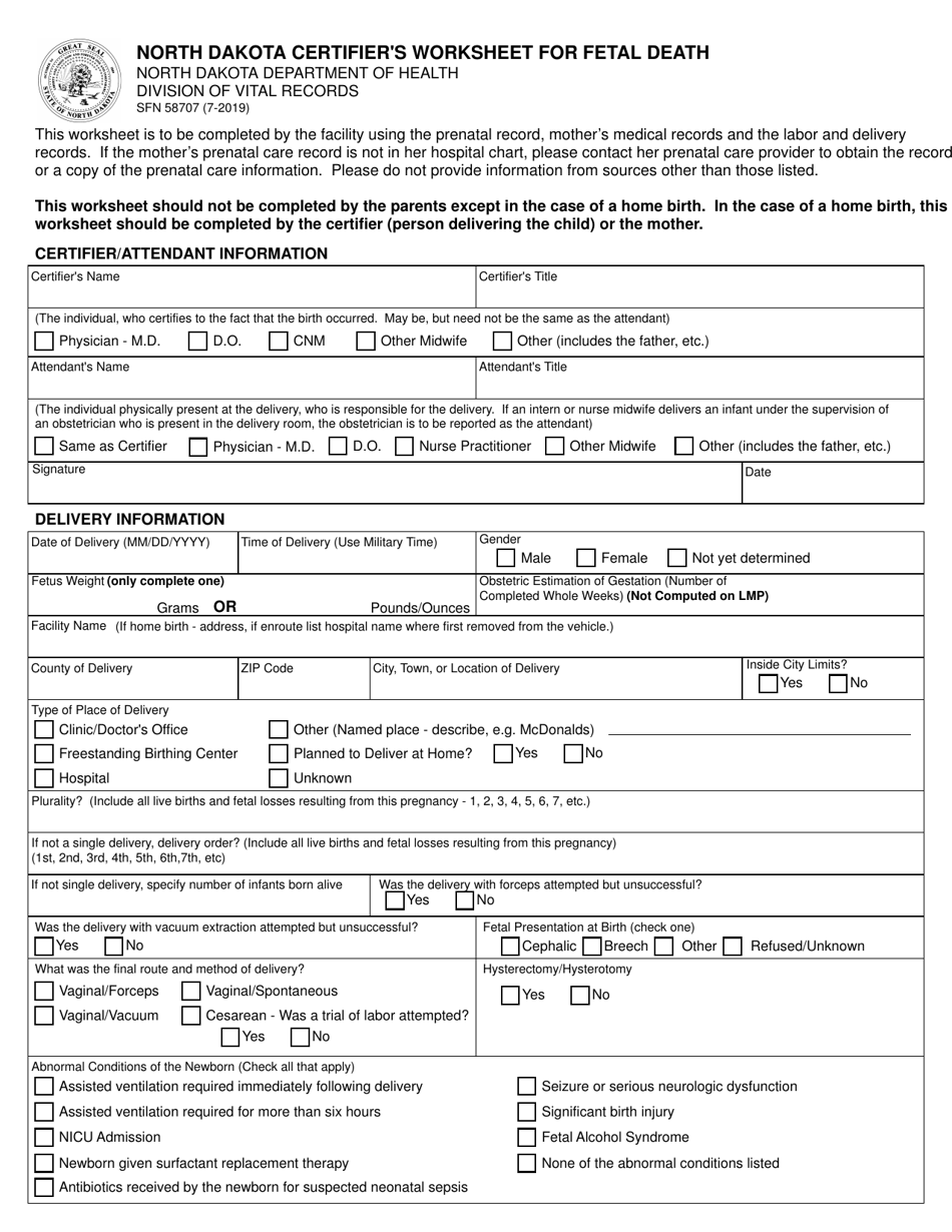 Form SFN58707 North Dakota Certifiers Worksheet for Fetal Death - North Dakota, Page 1