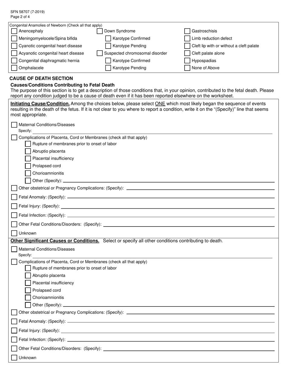 Form SFN58707 North Dakota Certifiers Worksheet for Fetal Death - North Dakota, Page 2