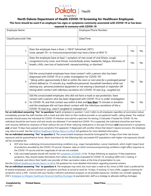 Covid-19 Screening for Healthcare Employees - North Dakota