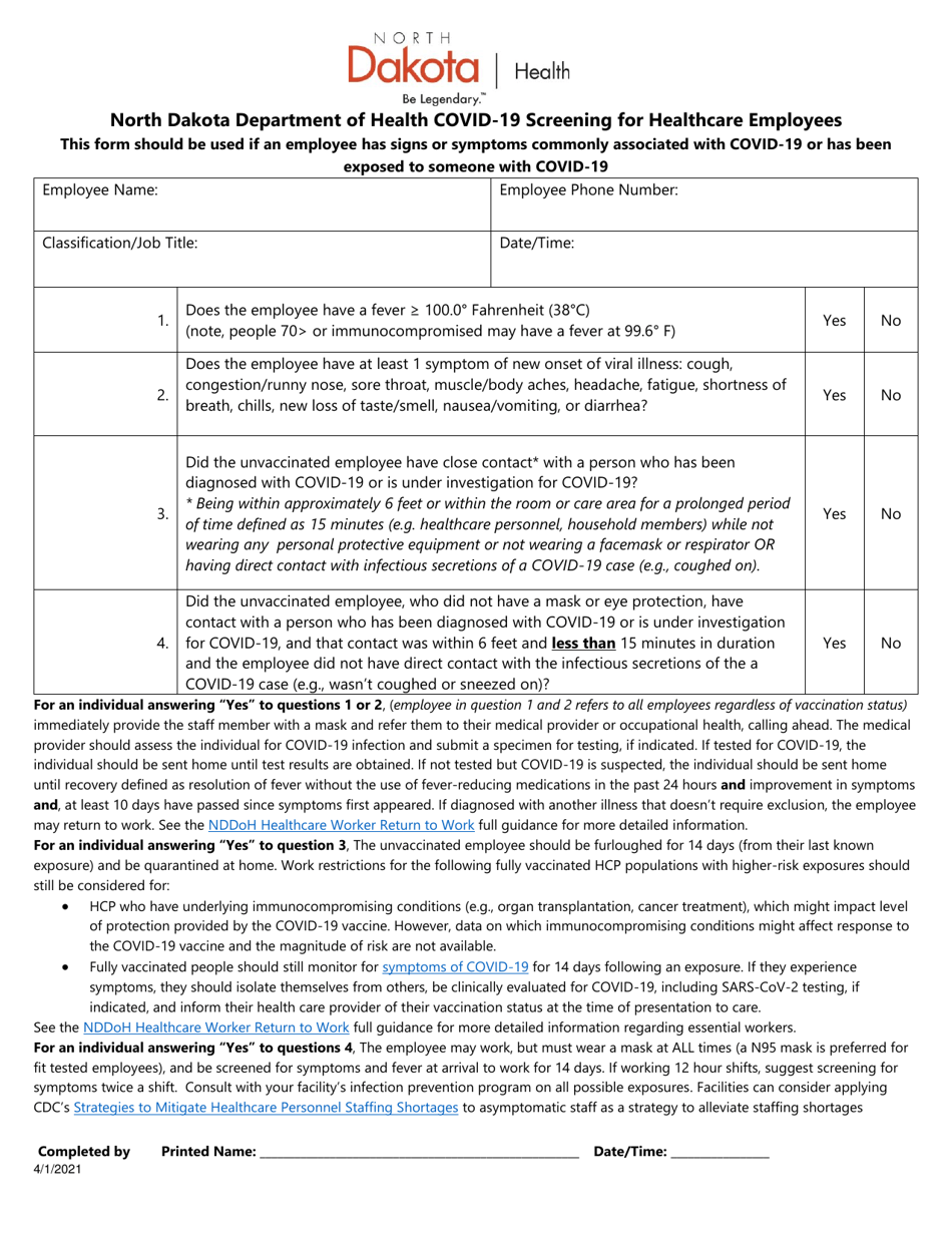 Covid-19 Screening for Healthcare Employees - North Dakota, Page 1