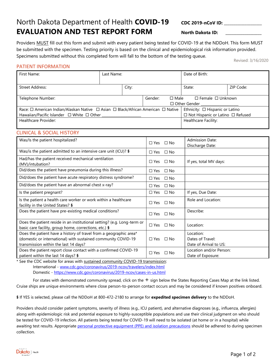 Covid-19 Evaluation and Test Report Form - North Dakota, Page 1