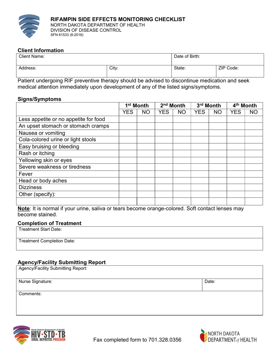 Form SFN61533 Rifampin Side Effects Monitoring Checklist - North Dakota, Page 1