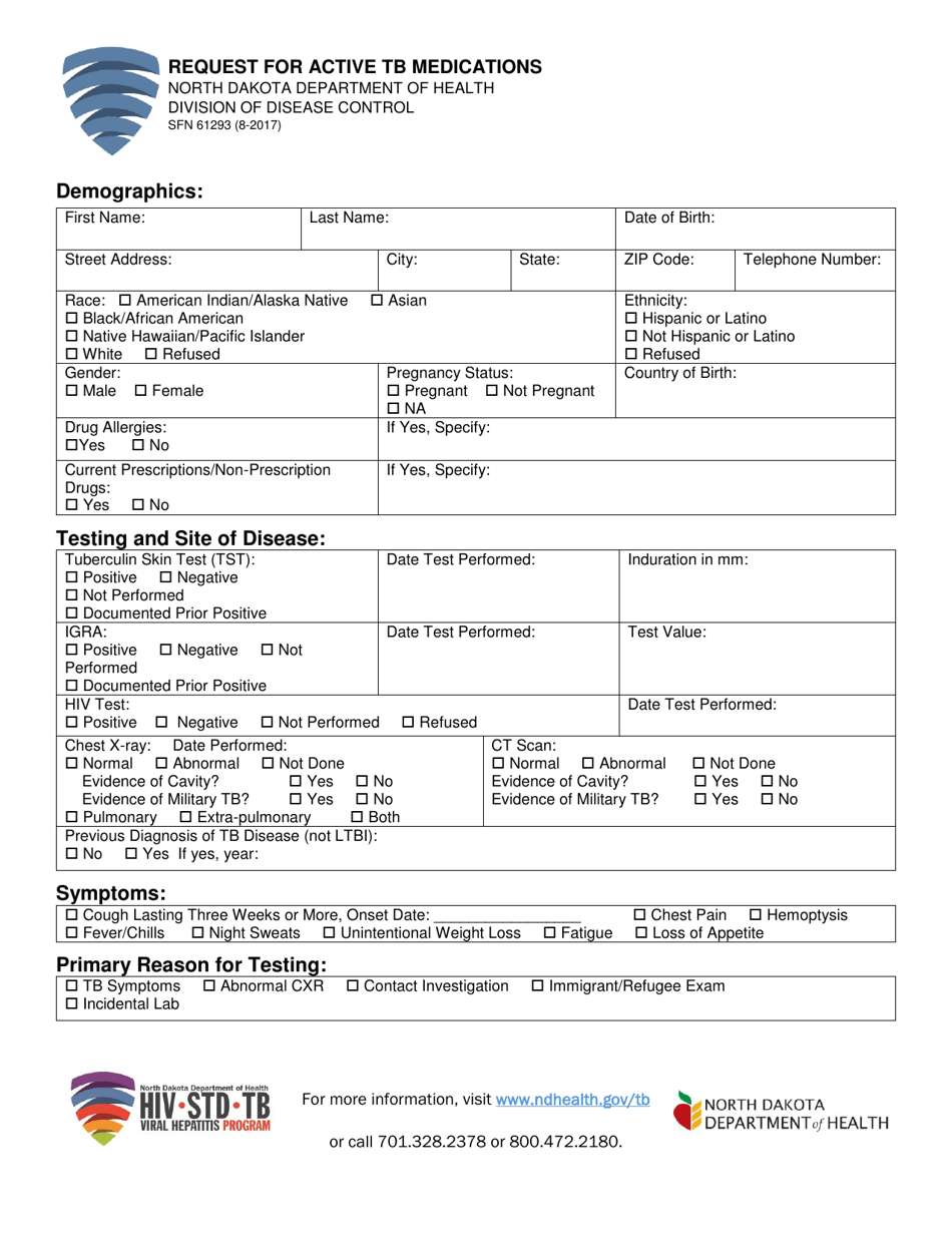 Form SFN61293 Request for Active Tb Medications - North Dakota, Page 1