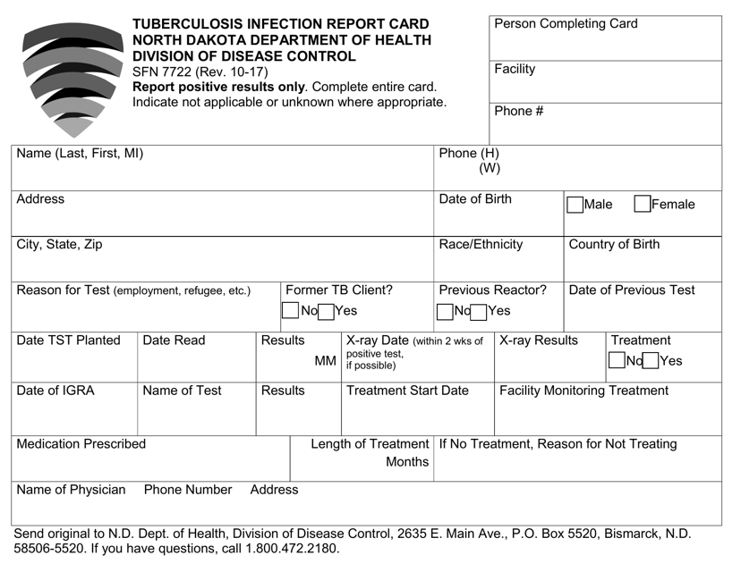 Form SFN7722 Tuberculosis Infection Report Card - North Dakota