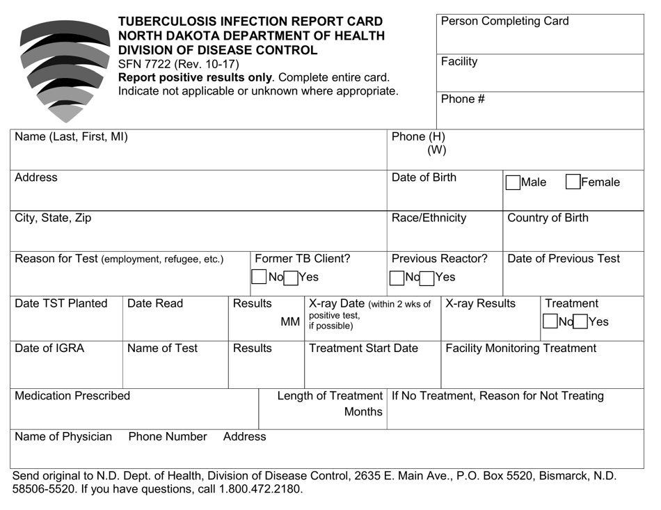Form SFN7722 Tuberculosis Infection Report Card - North Dakota, Page 1