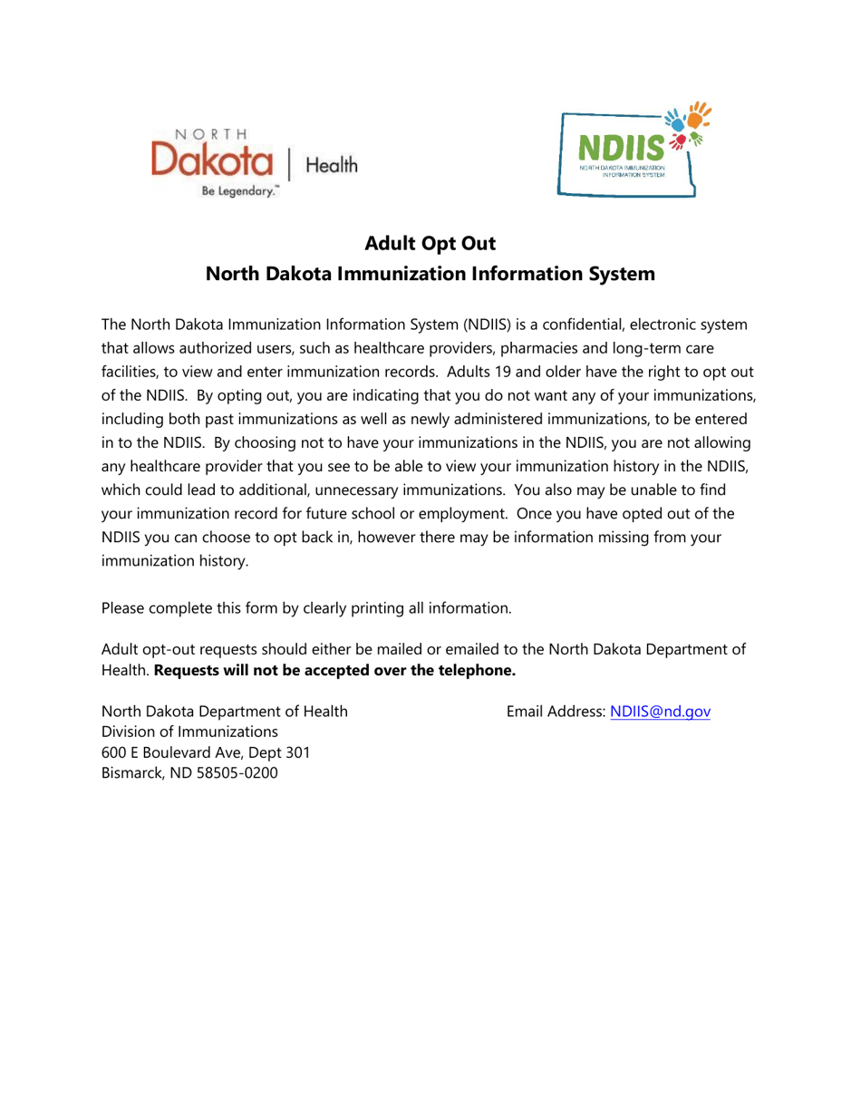 Form SFN60703 North Dakota Immunization Information System (Ndiis) Adult Opt out - North Dakota, Page 1