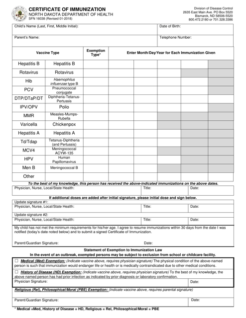 Form SFN16038  Printable Pdf