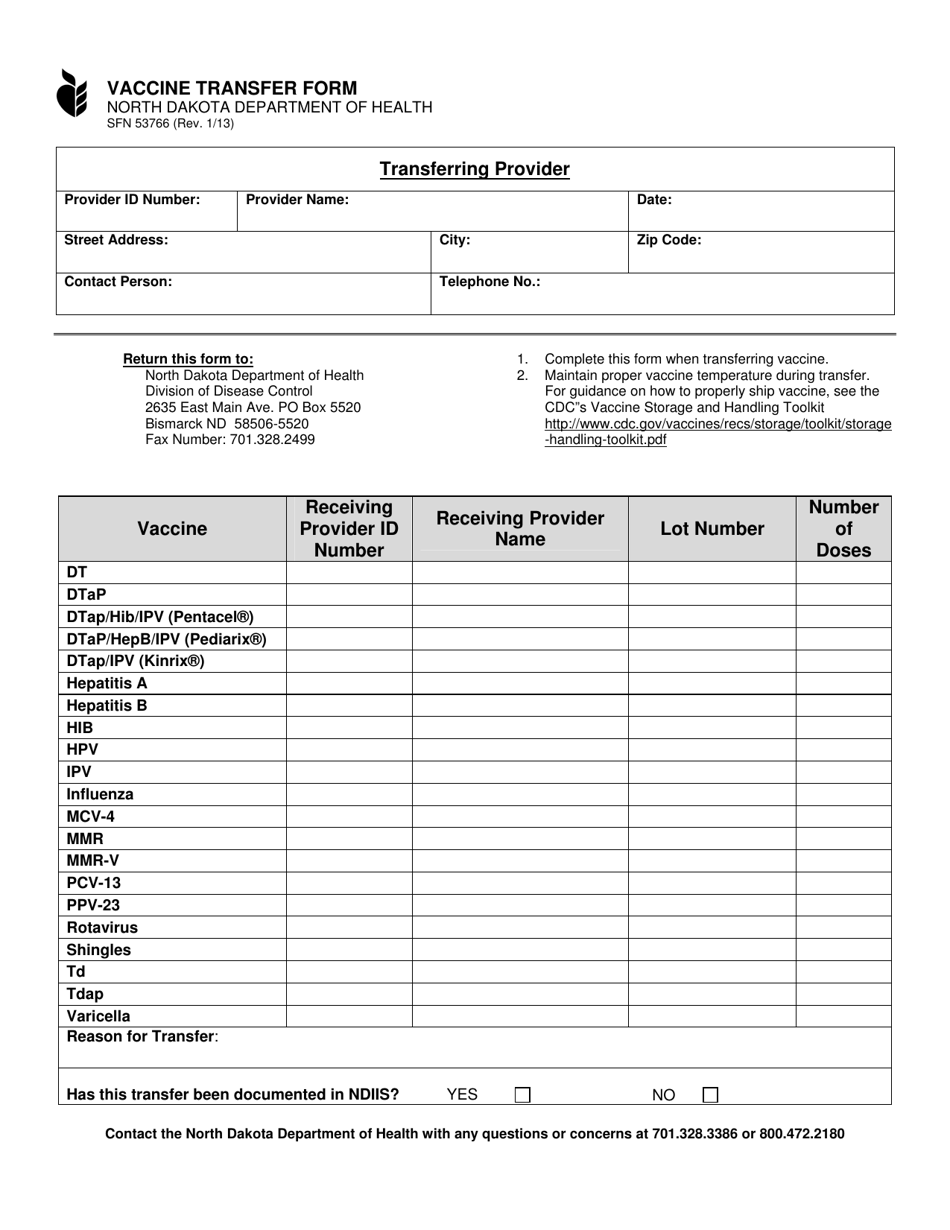 Form SFN53766 Vaccine Transfer Form - North Dakota, Page 1