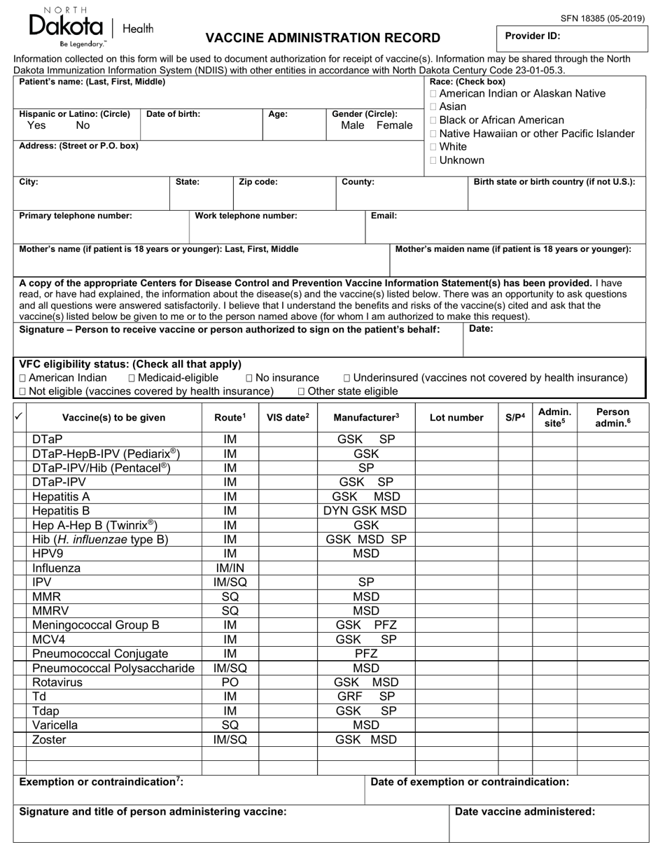 Form SFN18385 Vaccine Administration Record - North Dakota, Page 1