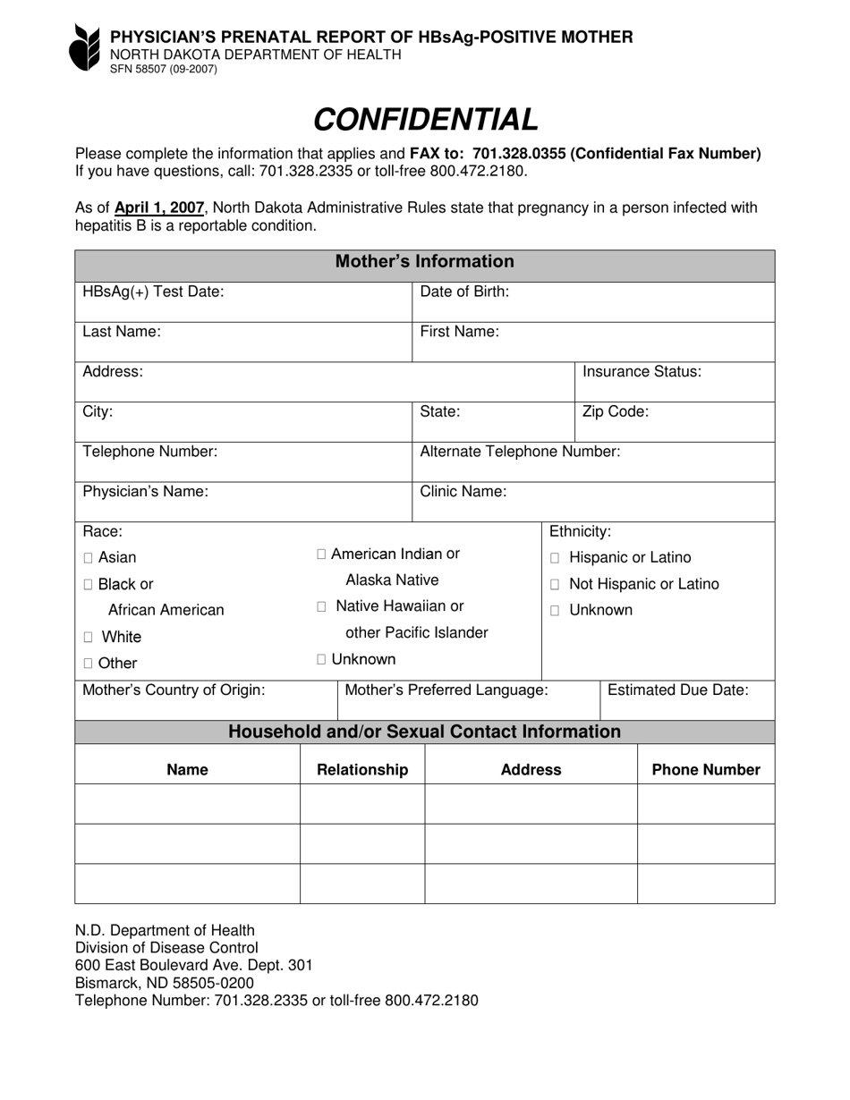 Form SFN58507 Physicians Prenatal Report of Hbsag-Positive Mother - North Dakota, Page 1