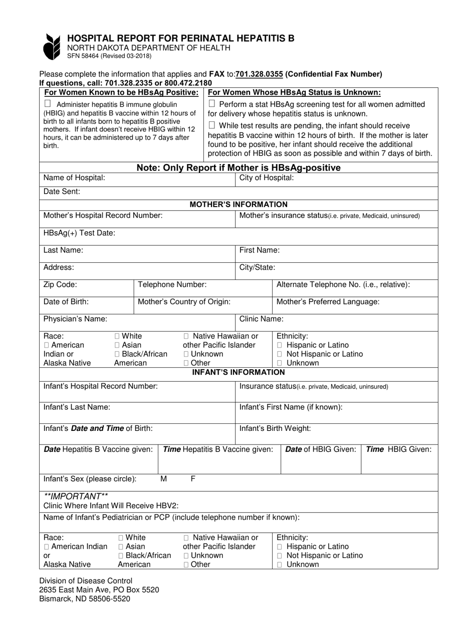 Form SFN58464 Hospital Report for Perinatal Hepatitis B - North Dakota, Page 1