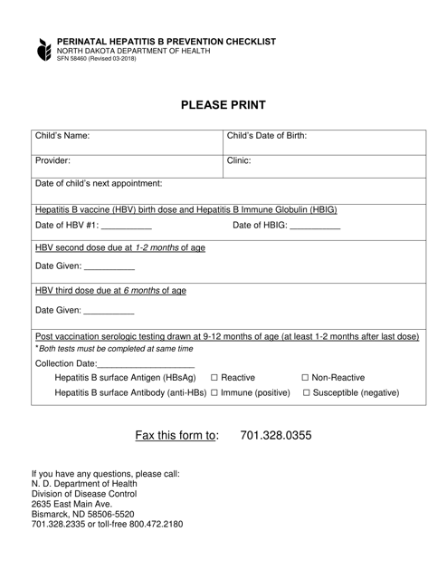 Form SFN58460 Perinatal Hepatitis B Prevention Checklist - North Dakota