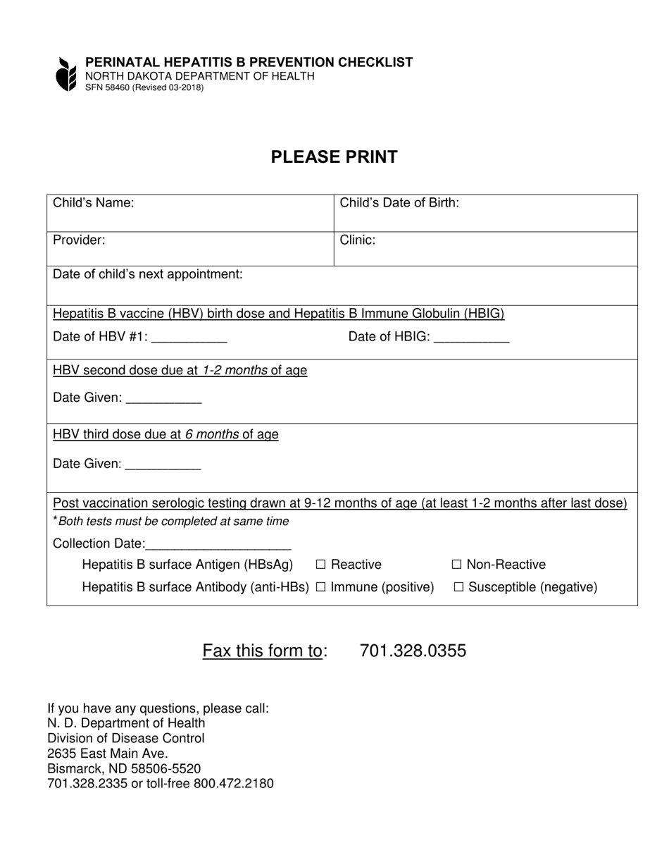 Form SFN58460 Perinatal Hepatitis B Prevention Checklist - North Dakota, Page 1