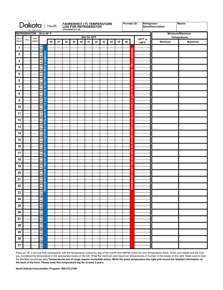 Form SFN60524 Fahrenheit (F) Temperature Log for Refrigerator - North Dakota, Page 1