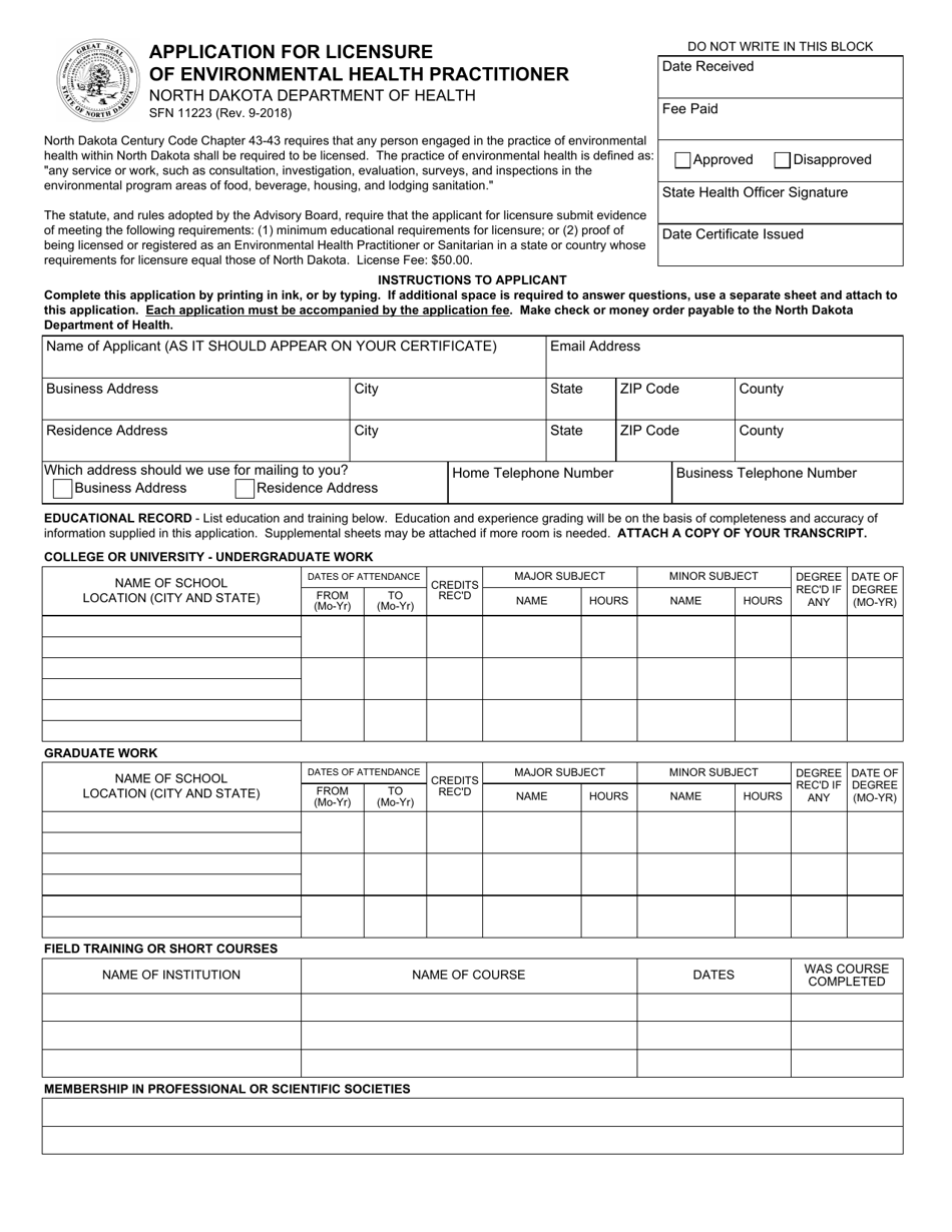 Form SFN11223 Application for Licensure of Environmental Health Practitioner - North Dakota, Page 1