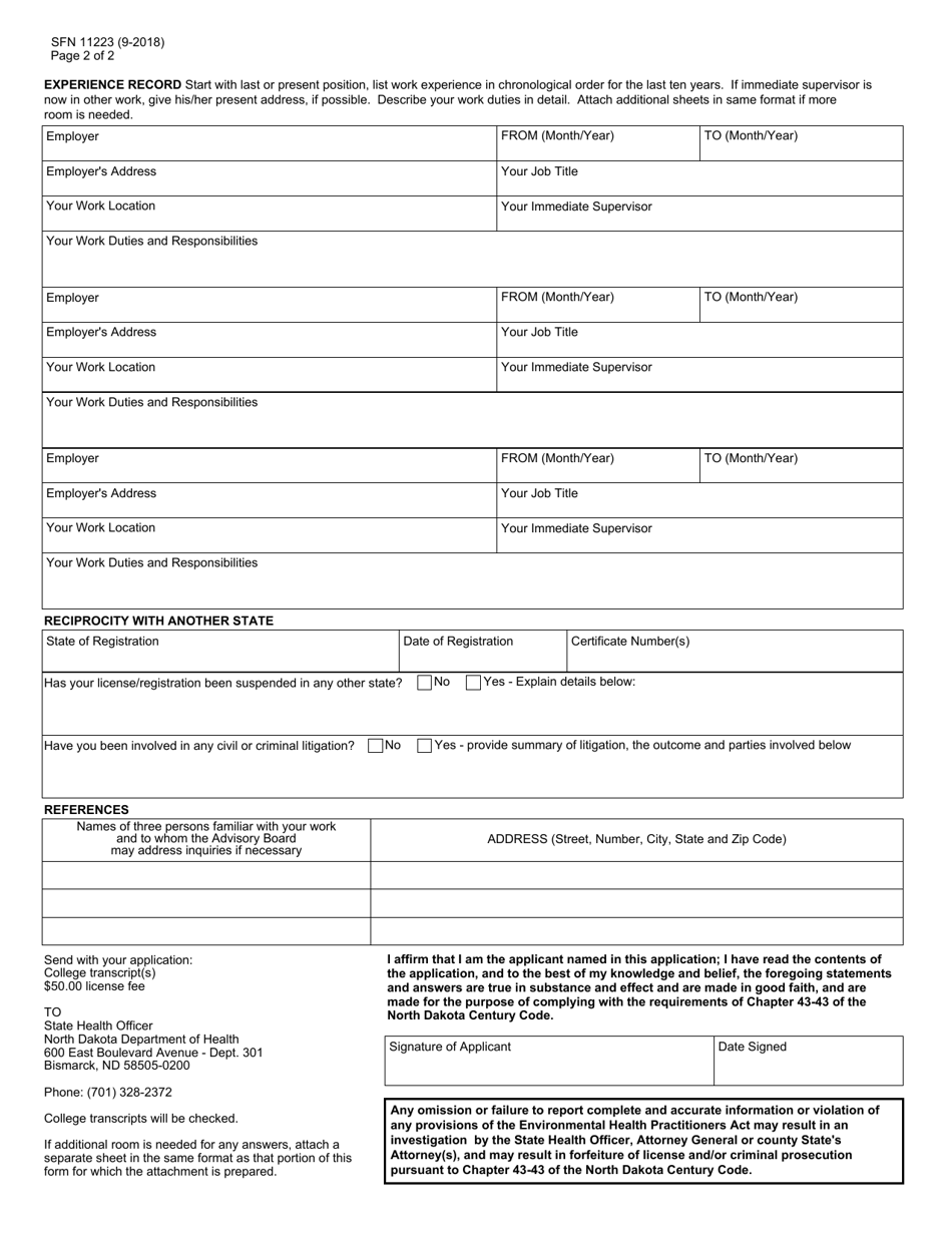 Form SFN11223 Application for Licensure of Environmental Health Practitioner - North Dakota, Page 2