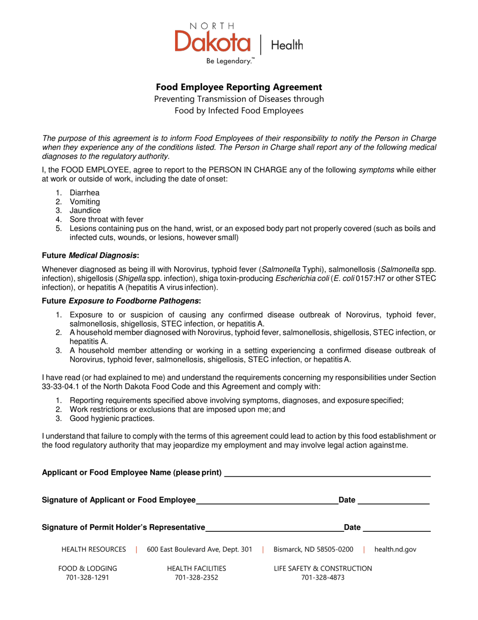 Food Employee Reporting Agreement - North Dakota, Page 1