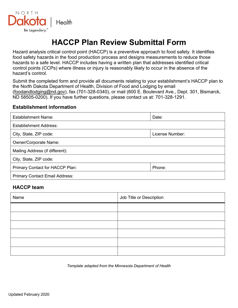 Haccp Plan Review Submittal Form - North Dakota, Page 1