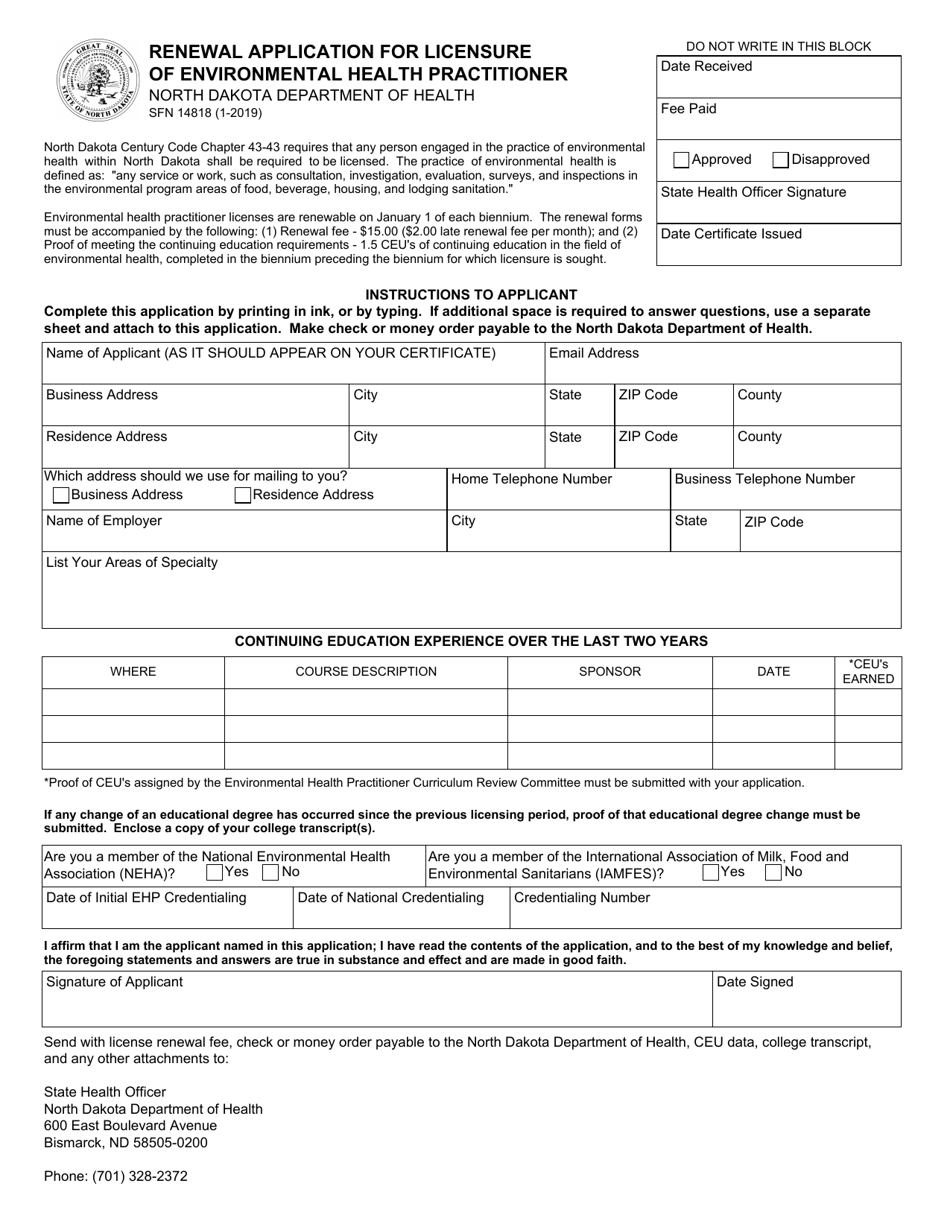 Form SFN14818 Renewal Application for Licensure of Environmental Health Practitioner - North Dakota, Page 1