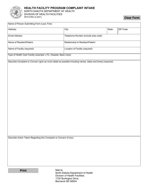 Form SFN61954 Health Facility Program Complaint Intake - North Dakota