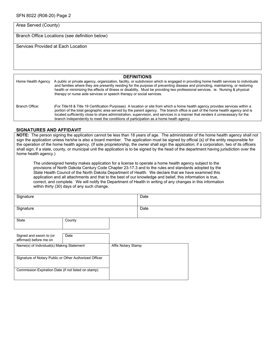 Form SFN8022 Application for License to Operate a Home Health Agency - North Dakota, Page 2