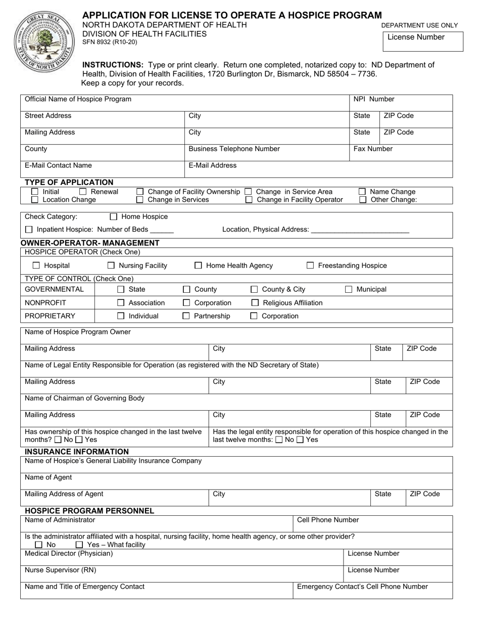 Form SFN8932 Application for License to Operate a Hospice Program - North Dakota, Page 1