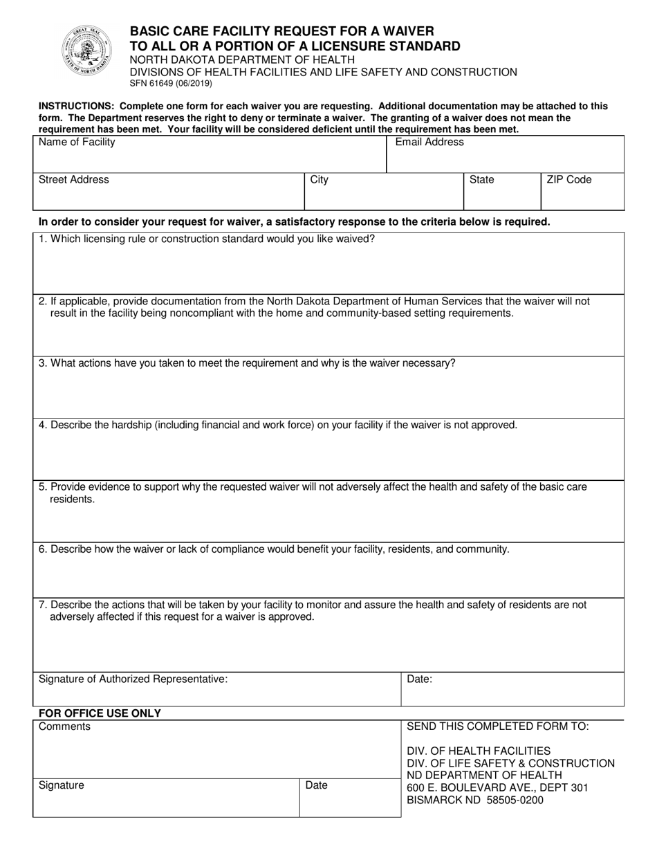 Form SFN61649 Basic Care Facility Request for a Waiver to All or a Portion of a Licensure Standard - North Dakota, Page 1