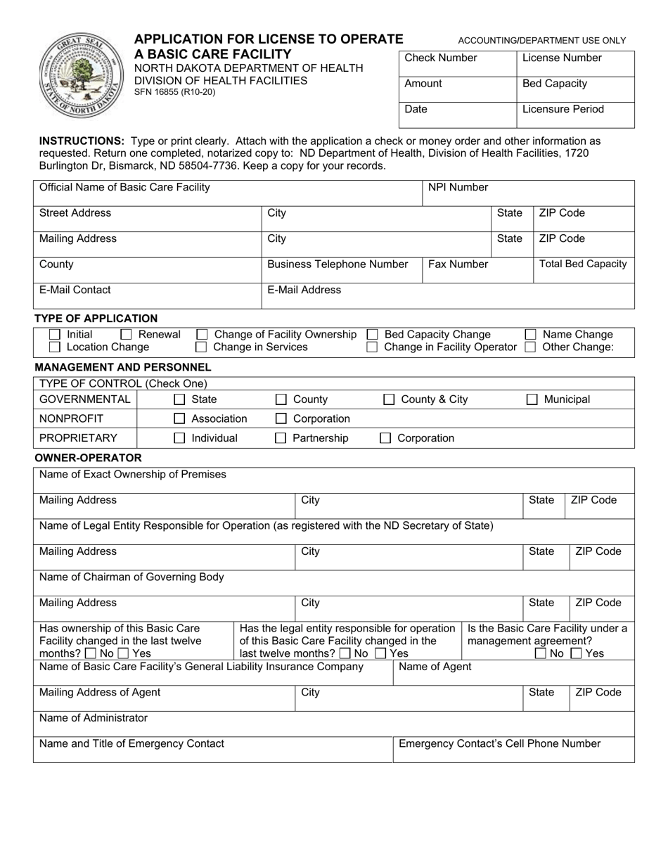 Form SFN16855 Application for License to Operate a Basic Care Facility - North Dakota, Page 1