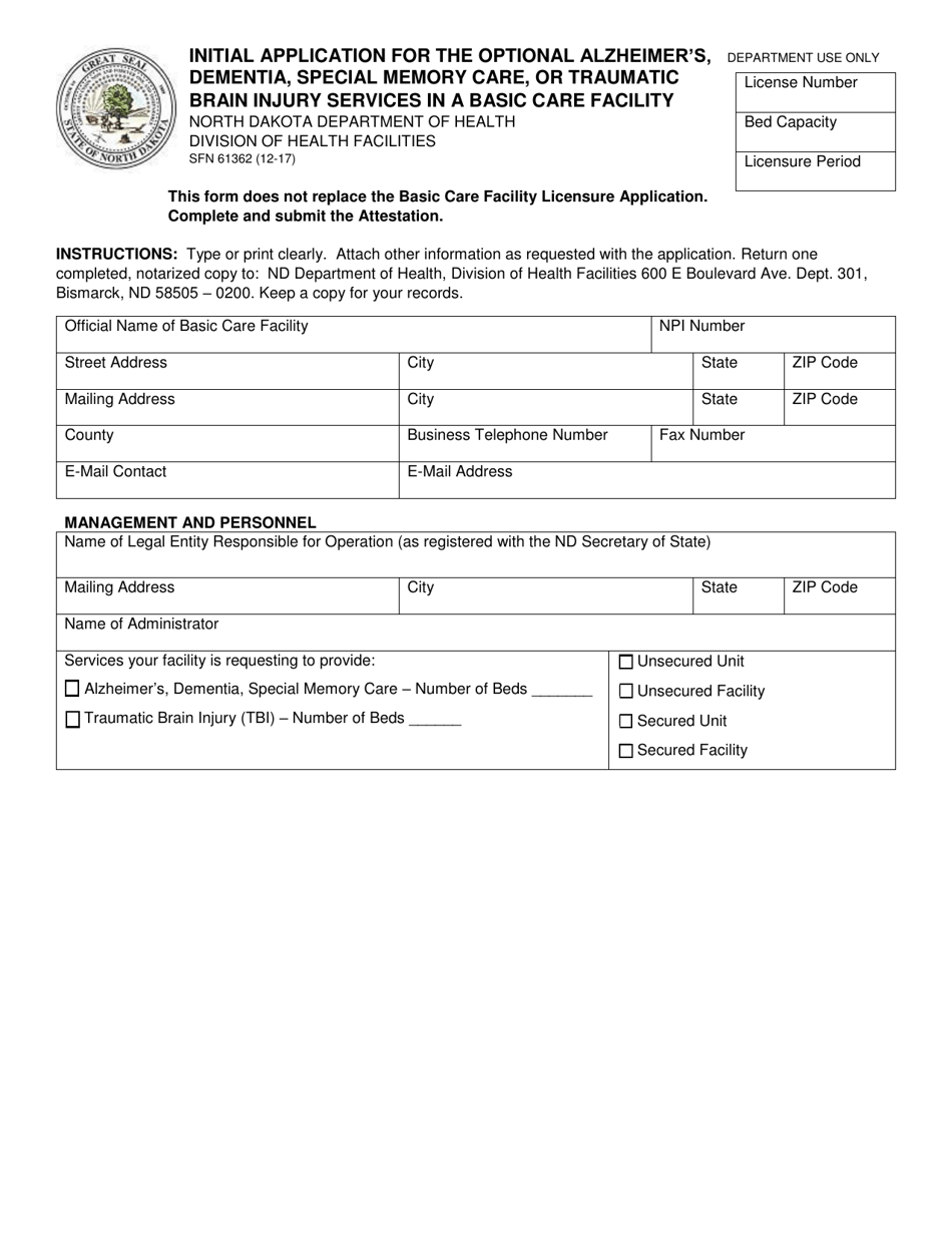 Form SFN61362 Initial Application for the Optional Alzheimers, Dementia, Special Memory Care, or Traumatic Brain Injury Services in a Basic Care Facility - North Dakota, Page 1
