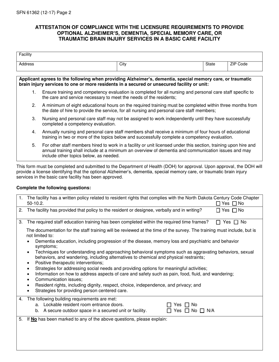 Form SFN61362 Initial Application for the Optional Alzheimers, Dementia, Special Memory Care, or Traumatic Brain Injury Services in a Basic Care Facility - North Dakota, Page 2