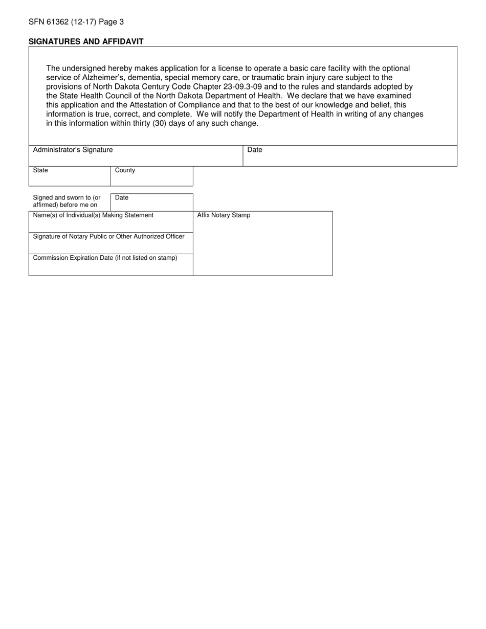 Form SFN61362 Initial Application for the Optional Alzheimers, Dementia, Special Memory Care, or Traumatic Brain Injury Services in a Basic Care Facility - North Dakota, Page 3